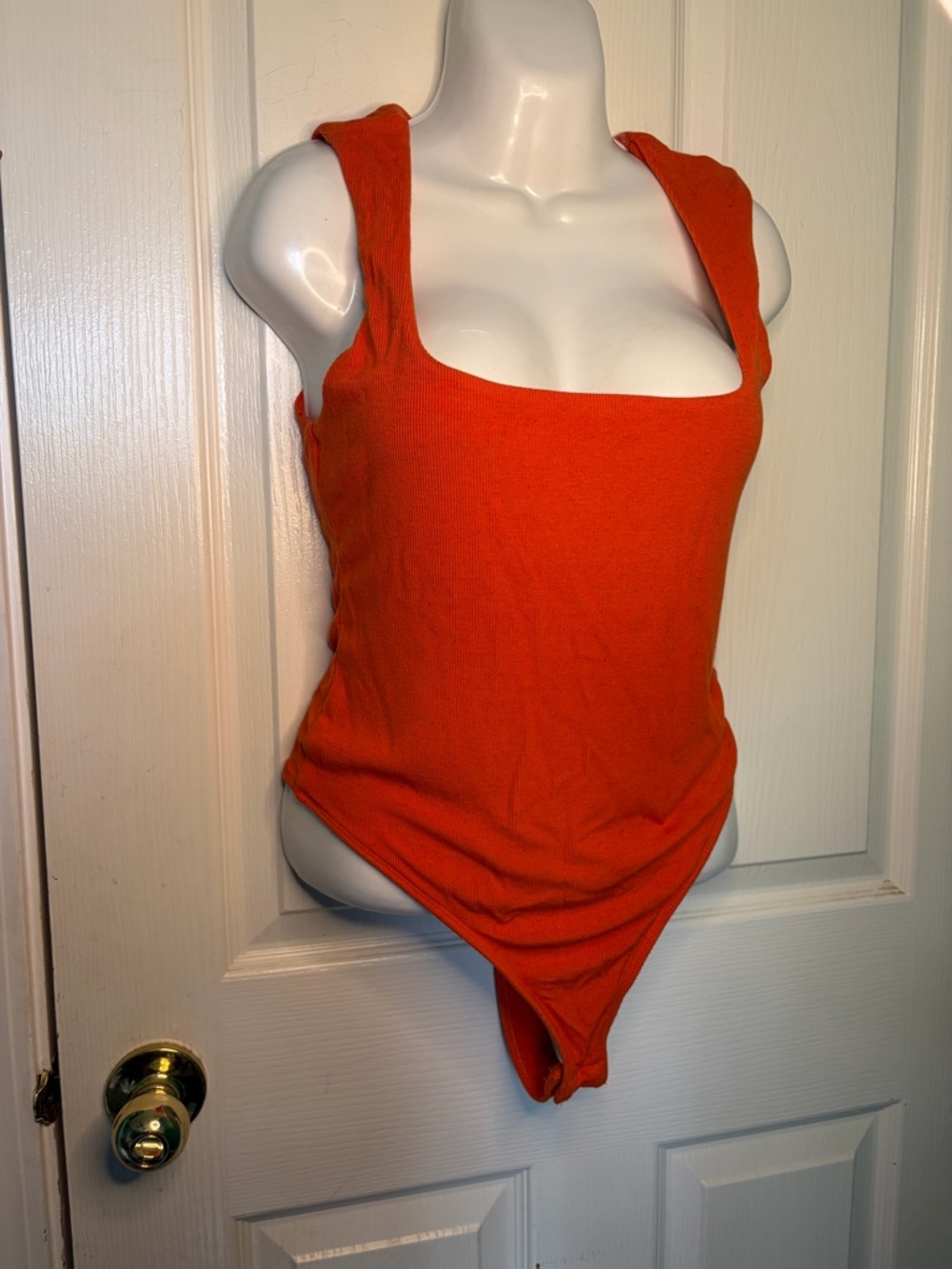 Wild Fable Women's Square Neck Sleeveless Ribbed Bodysuit Orange Large